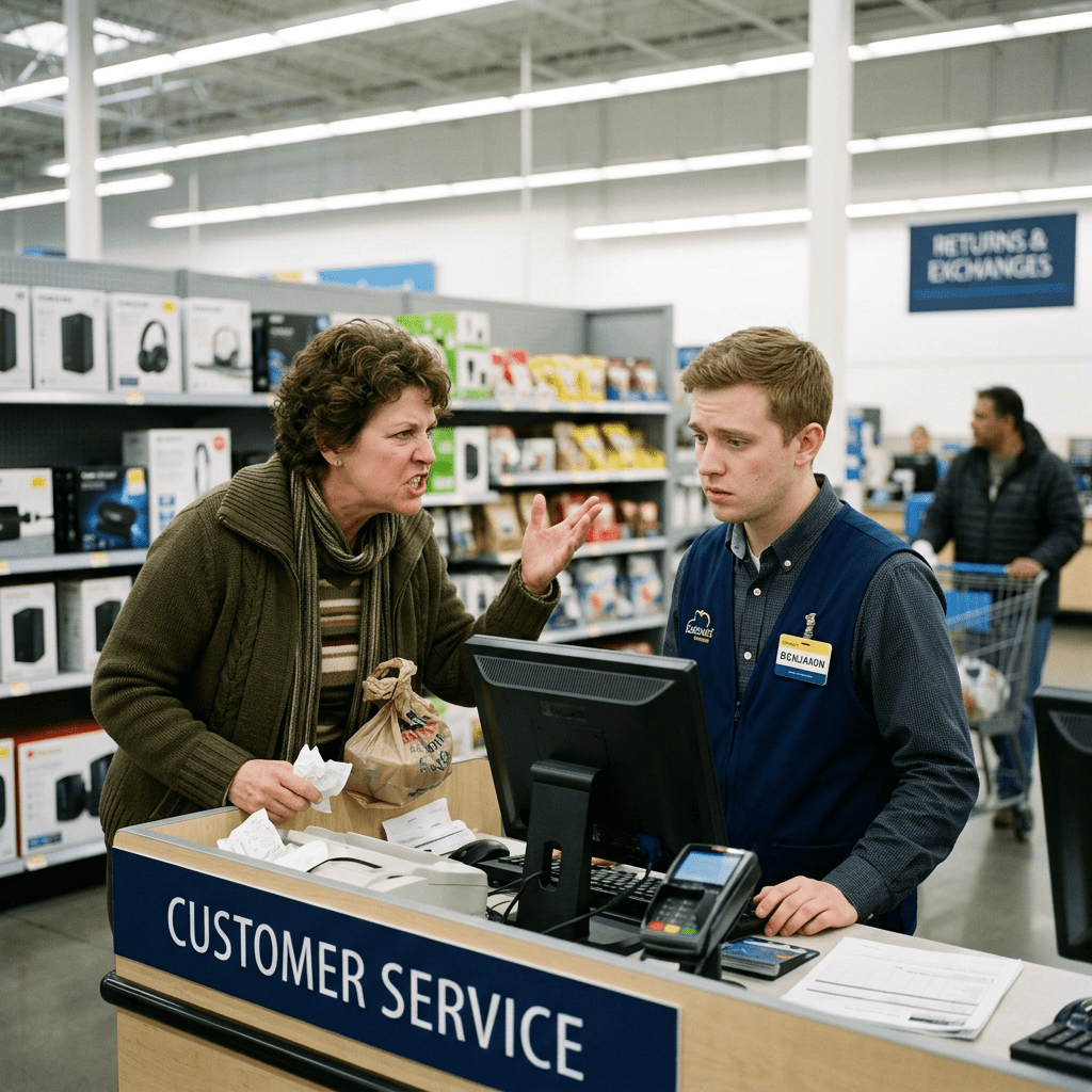 Frustrated customer talking to customer service employee at store counter
