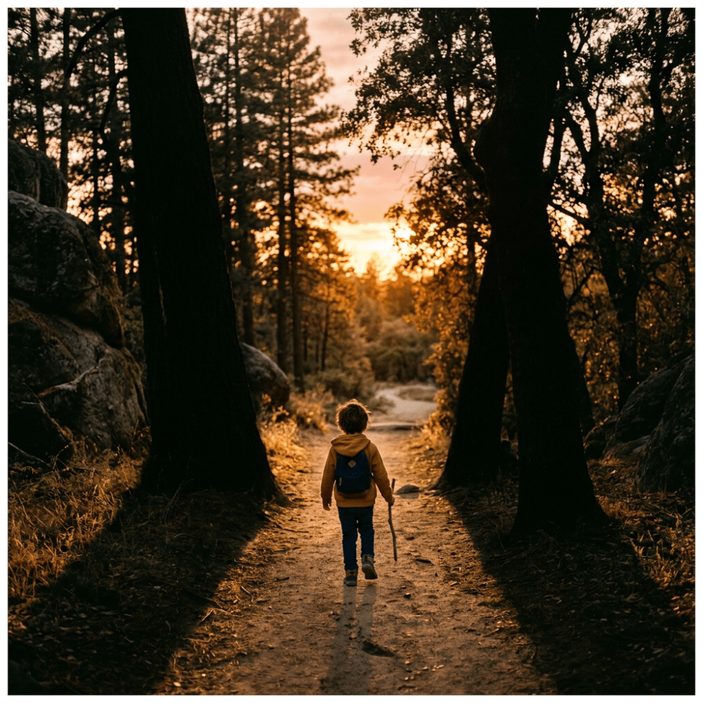 A child with a backpack walking on a forest trail at sunset holding a stick
