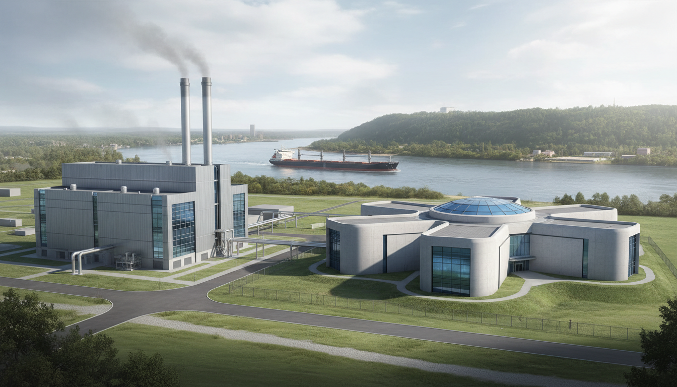 Illustrazione concettuale AI di un impianto elettrico ibrido con componenti a gas e futuri moduli nucleari