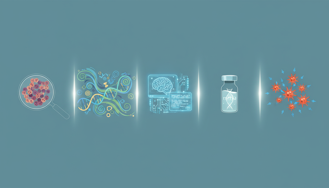 Schema concettuale AI del processo di analisi del tumore, progettazione dell'mRNA e attivazione immunitaria