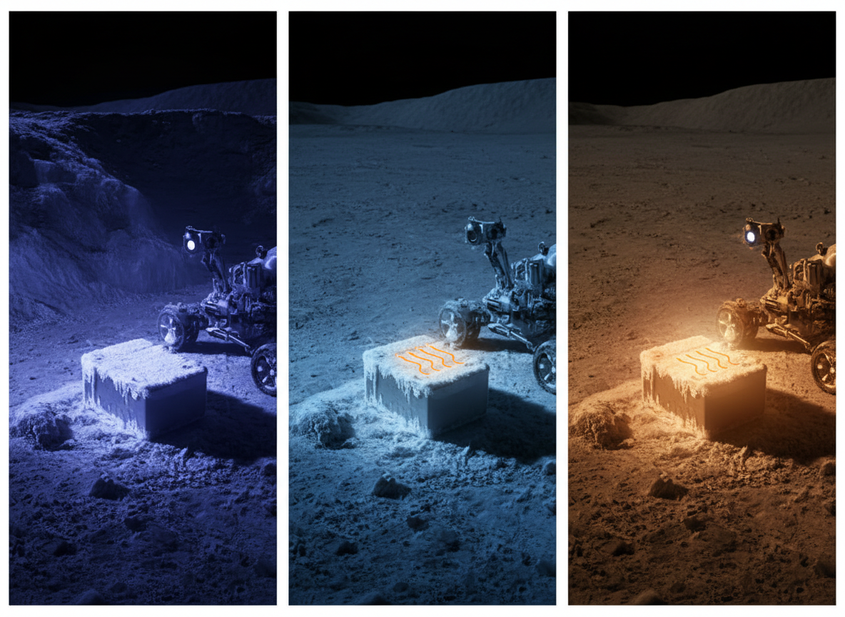 Schema concettuale di batteria a stato solido riscaldata dopo esposizione al freddo lunare