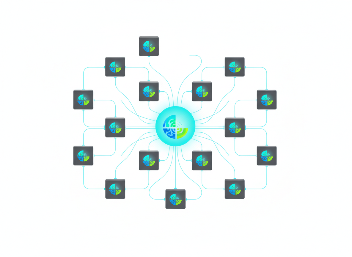 Rappresentazione concettuale dell’elaborazione distribuita di un modello AI su più dispositivi