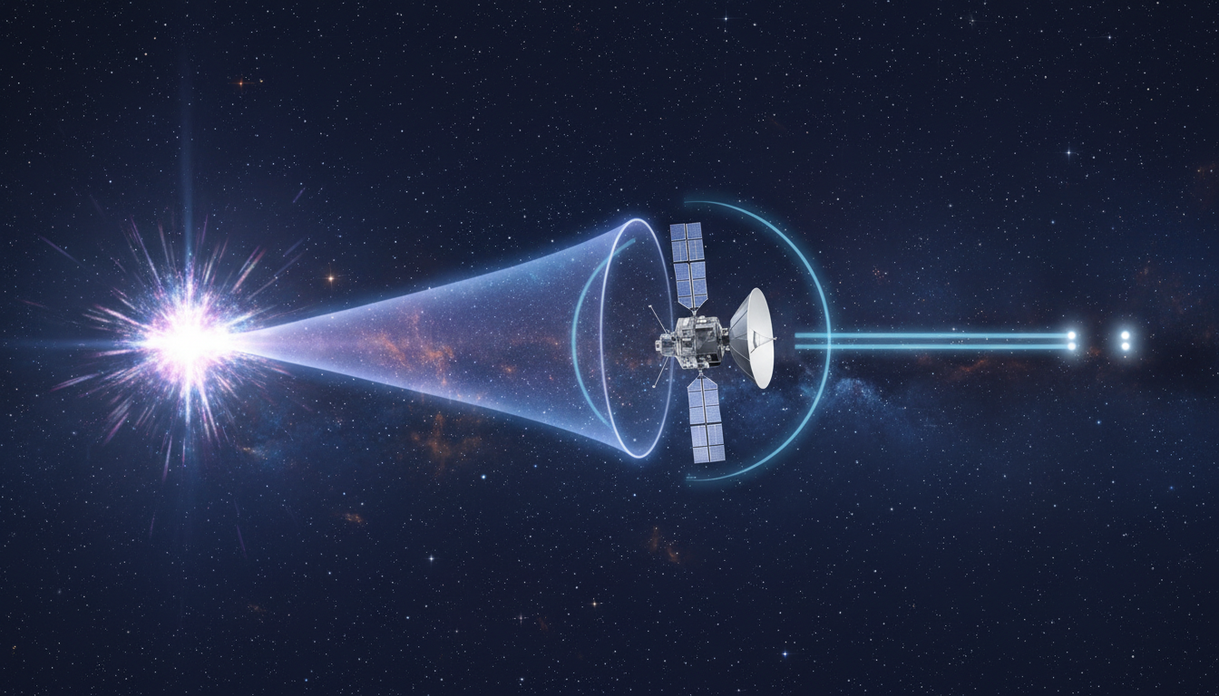 Schema concettuale AI del rilevamento di un lampo gamma e del rapido puntamento di un telescopio spaziale.