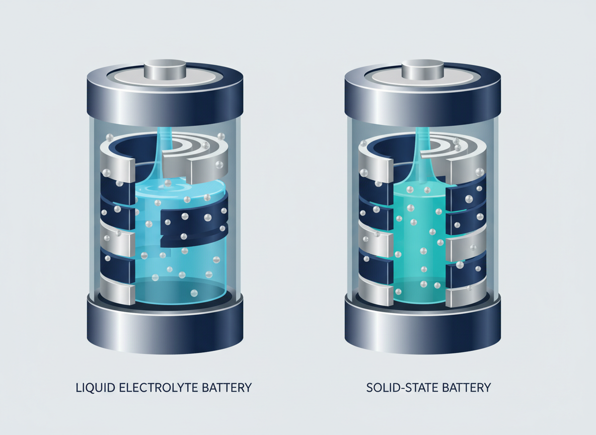 Confronto illustrativo tra elettrolita liquido ed elettrolita solido nelle batterie