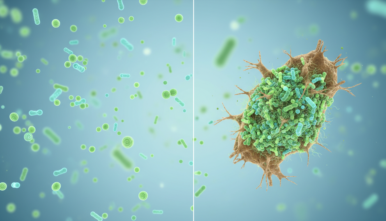 Schema concettuale AI con cellule di Prochlorococcus libere e aderenti a una particella