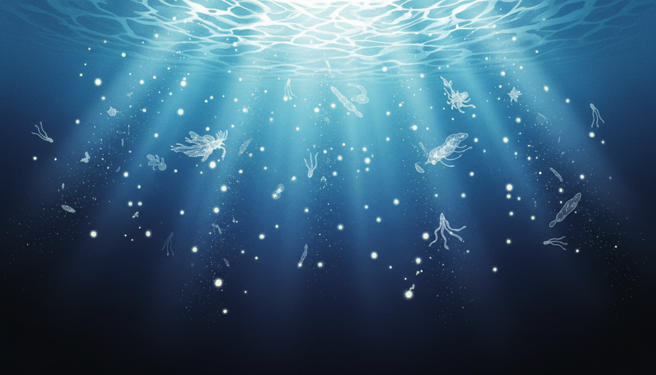 Illustrazione AI concettuale della discesa di particelle organiche verso l’oceano profondo
