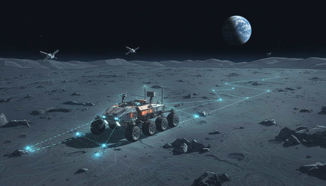 Illustrazione AI concettuale di un veicolo lunare e di un sistema di navigazione basato su mappe del terreno