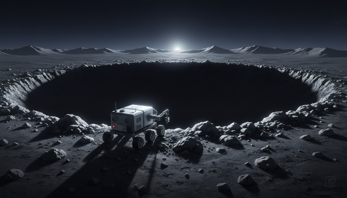 Illustrazione AI concettuale di un rover che analizza il suolo vicino a un cratere lunare in ombra