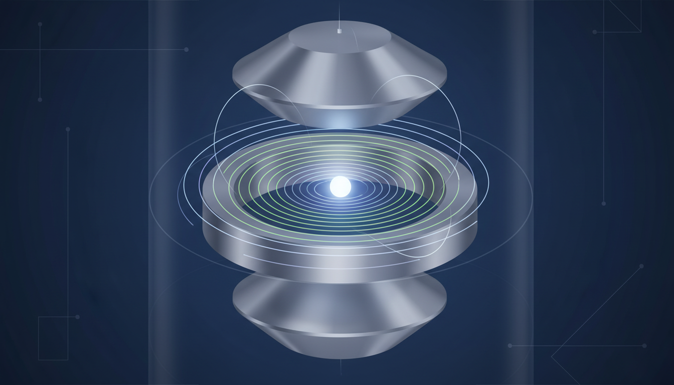 Schema concettuale AI di una trappola di Penning con una particella sospesa tra elettrodi.