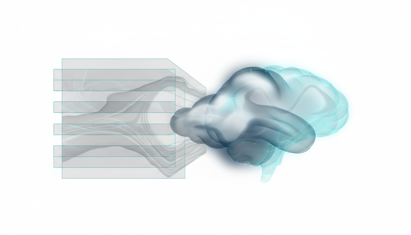 Illustrazione AI concettuale di sezioni di risonanza magnetica e ricostruzione tridimensionale senza immagini cliniche reali