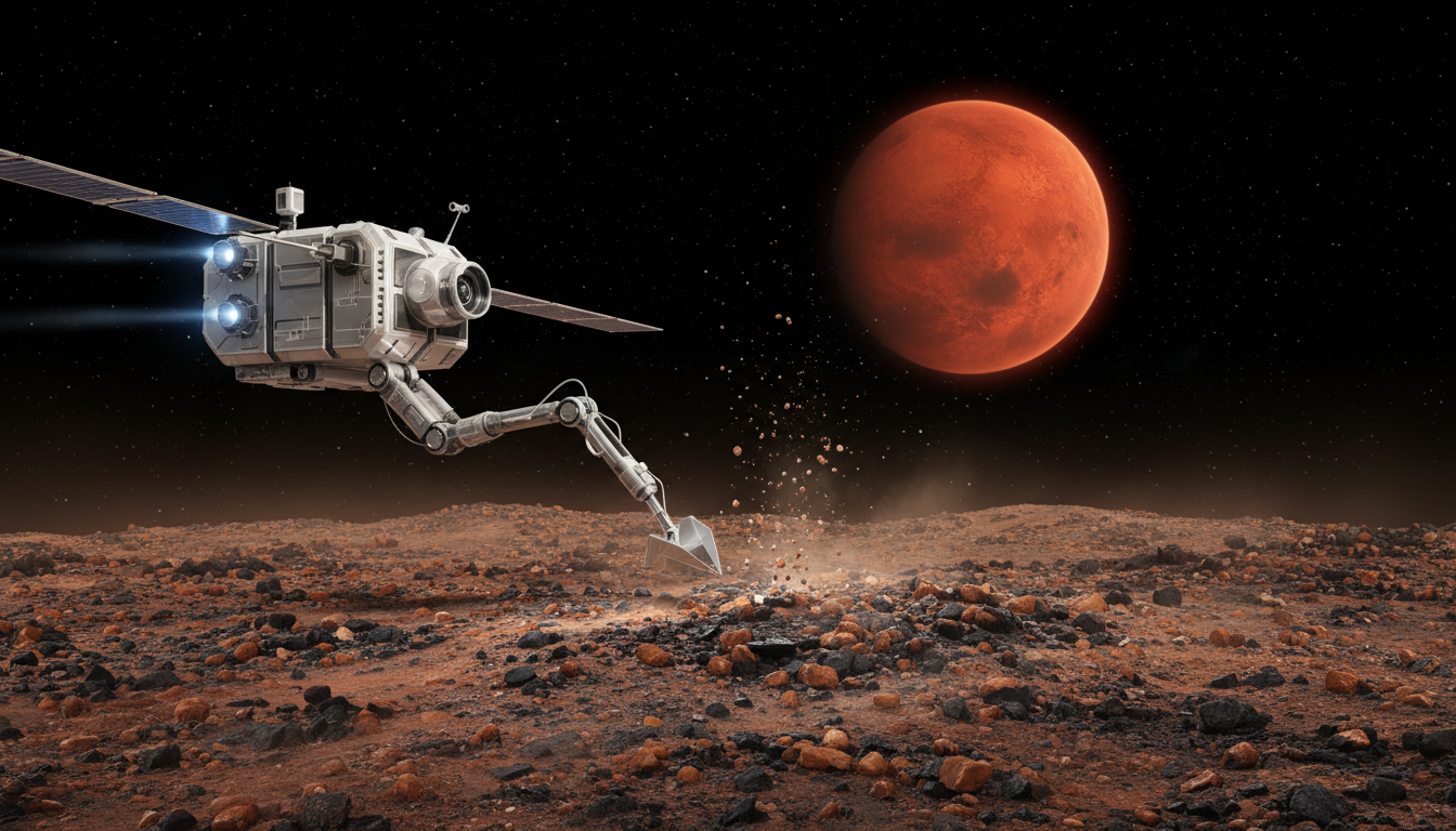 Illustrazione concettuale generata con AI di una sonda che preleva piccole quantità di regolite da Phobos