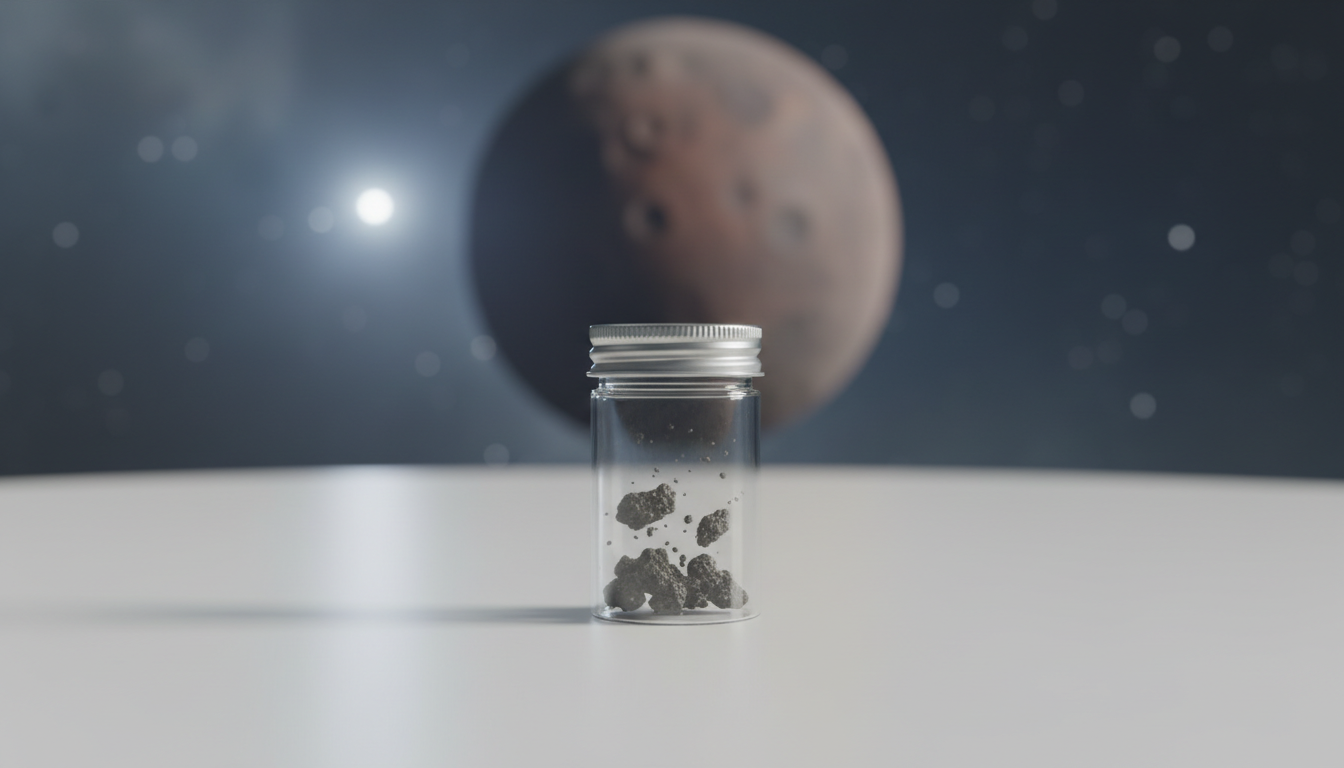 Illustrazione concettuale AI di una capsula sigillata contenente un piccolo campione di polvere di Phobos per analisi sulla Terra