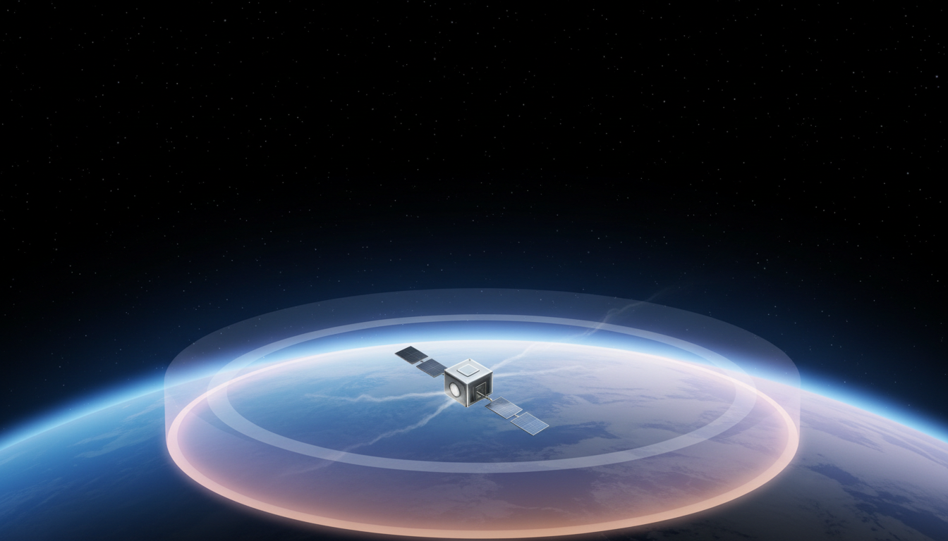 Illustrazione concettuale AI della resistenza atmosferica che agisce su un satellite in orbita bassa.