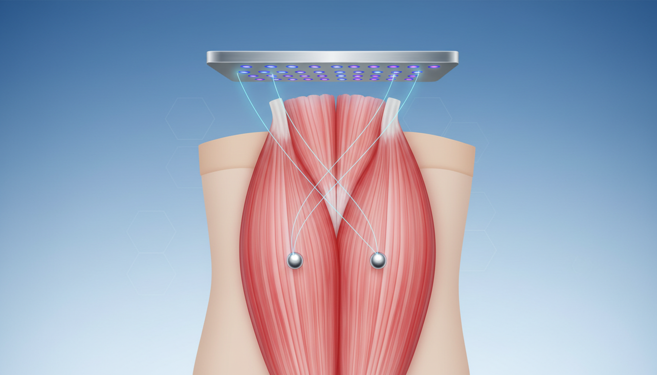 Schema concettuale di due microsfere magnetiche nel muscolo e di un sensore sopra la pelle