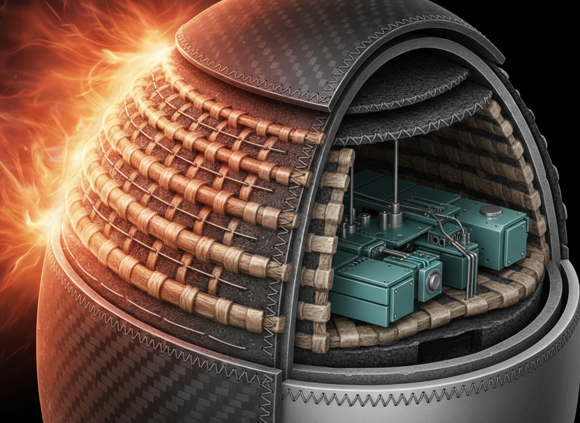 Sezione concettuale di uno scudo termico multistrato con fibre di carbonio e fenoliche