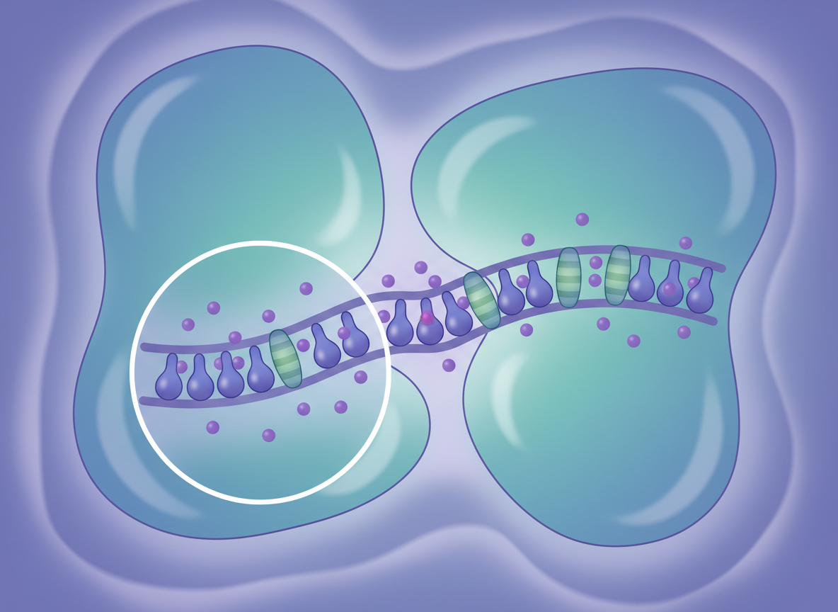 Schema concettuale di una membrana lipidica con canali ionici fra due goccioline acquose