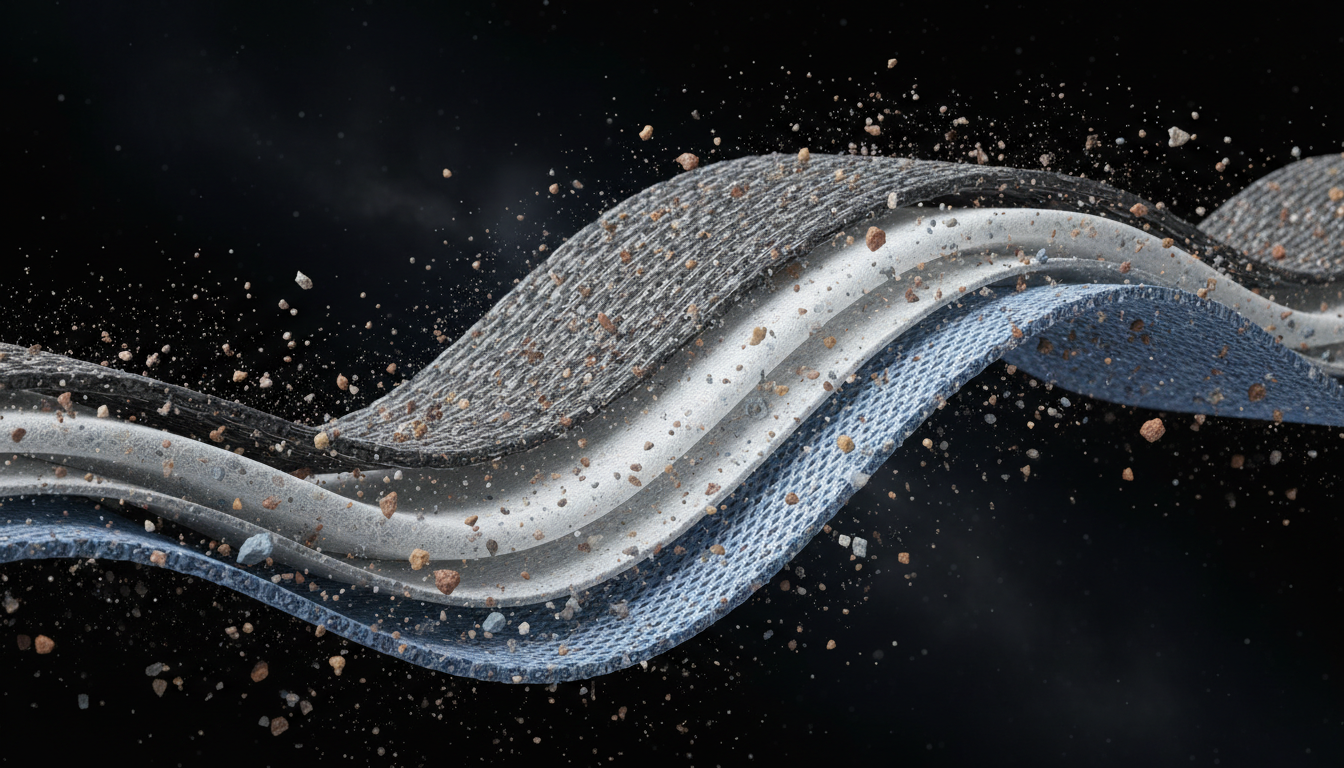 Particelle di polvere fine vicino agli strati di un tessuto per tuta spaziale